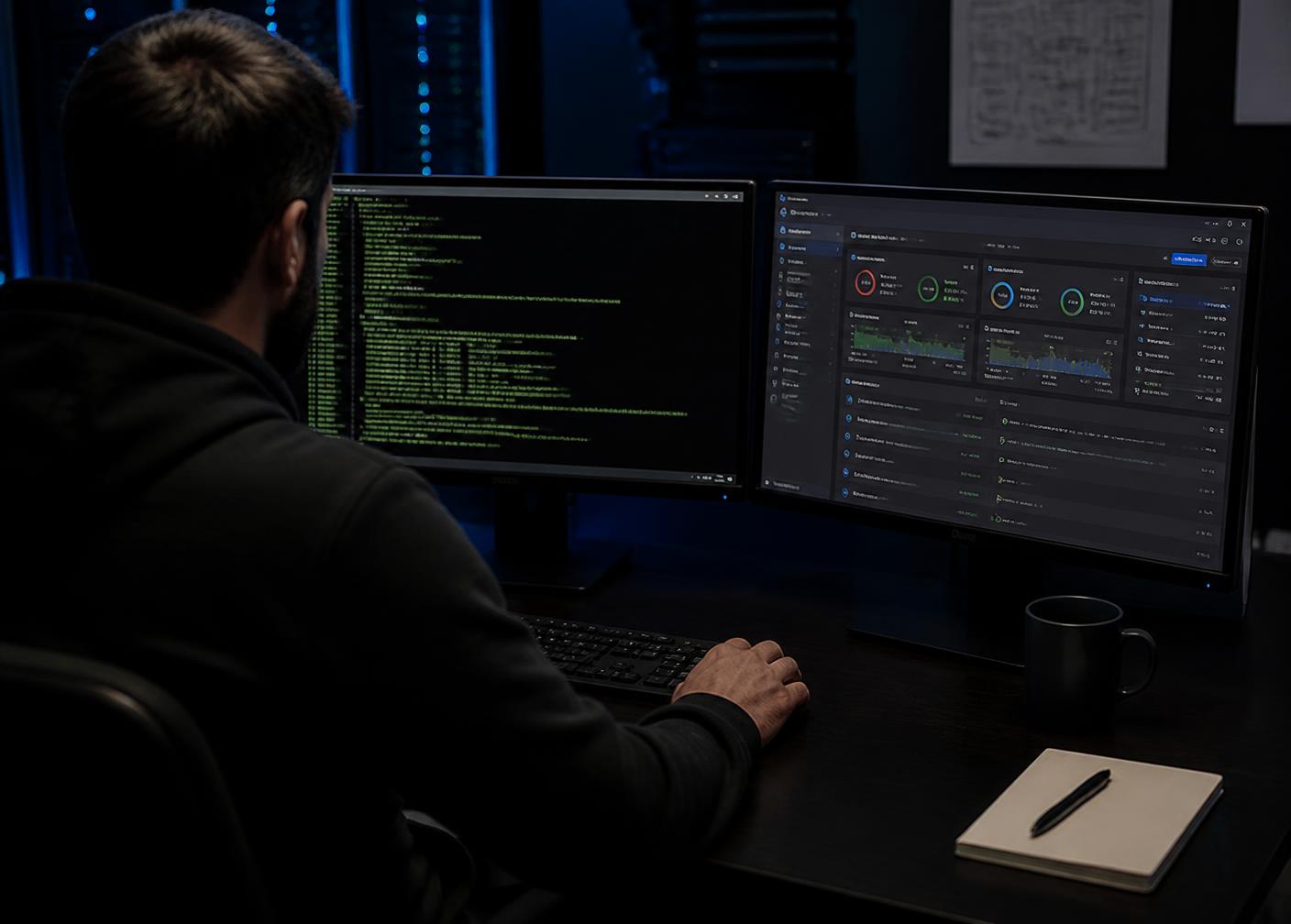 Systems engineer working at a Linux terminal alongside an infrastructure monitoring dashboard