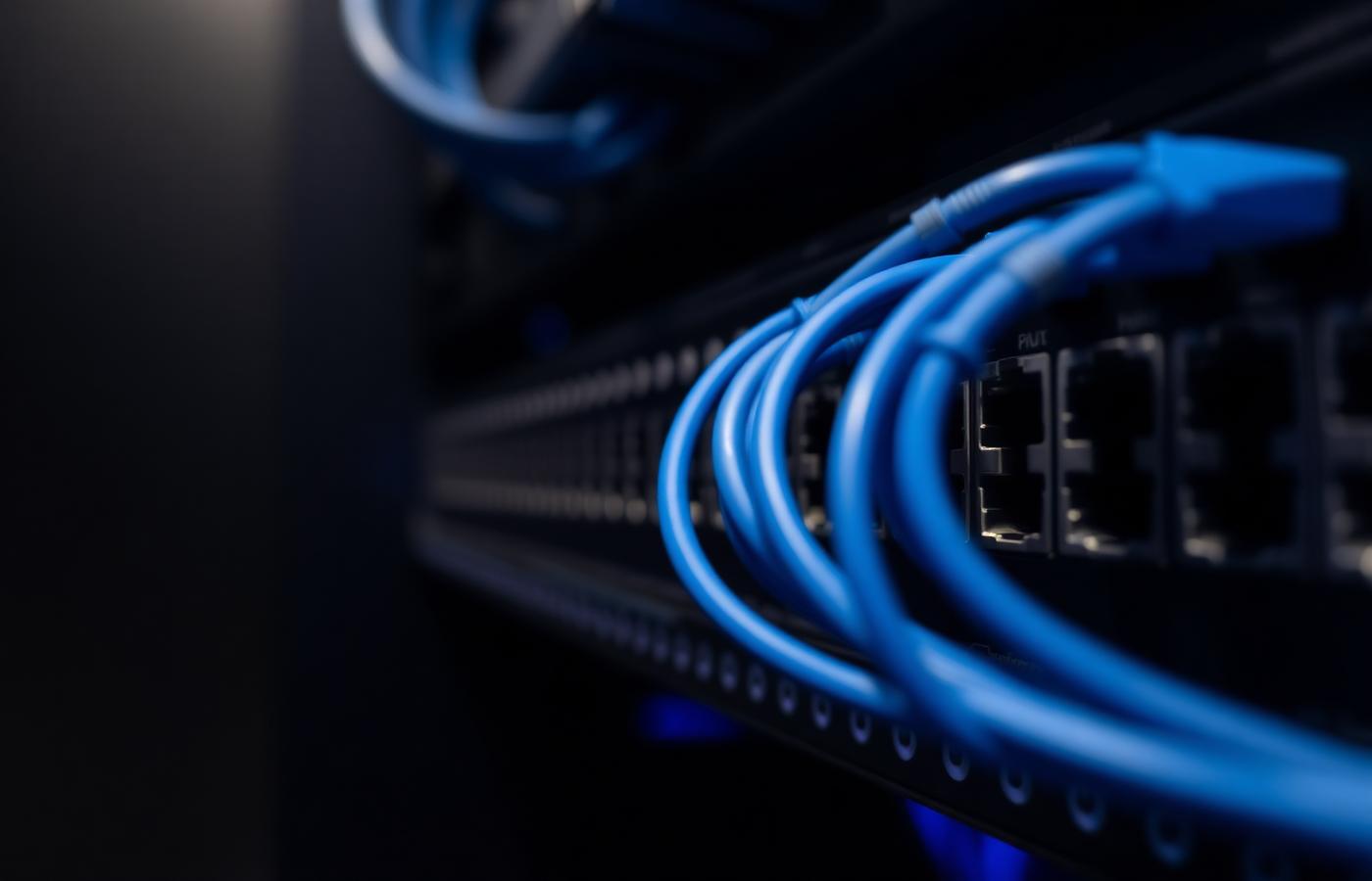 Enterprise network switch with blue patch cables connected to a patch panel